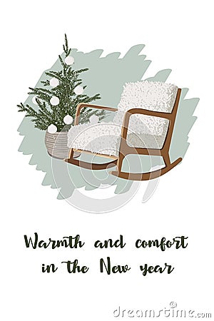 Christmas greeting card. With a cute Christmas tree and a cozy chair in a nice color scheme. Manual design Vector Illustration